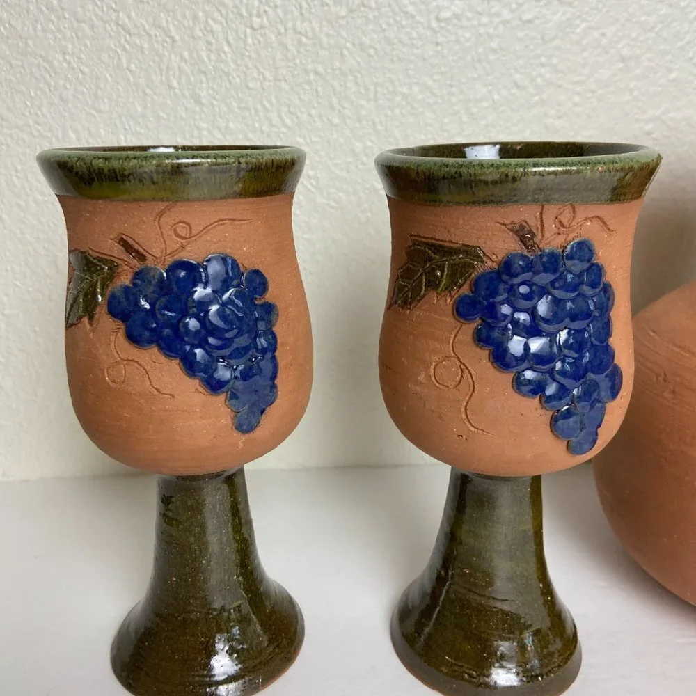 Studio Art Wine Glass Goblet Pitcher Artisan Pottery SET of 5